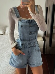 Livesso Women's Casual Distressed Washed Denim Bib Overalls, Autumn - Blue - View 4