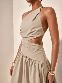 Zivah 新品春夏休闲度假不对称镂空露背交叉系带长裙 - 杏色 - 查看 5