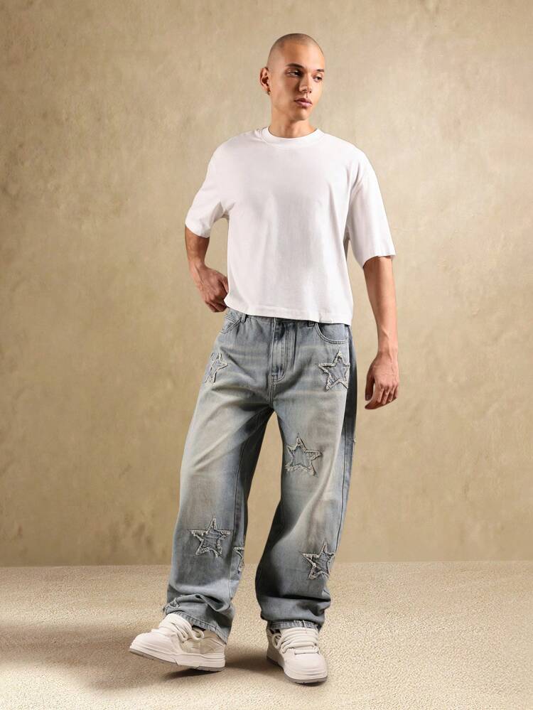 Baggy Star Embroidered Jeans With Distressed Details