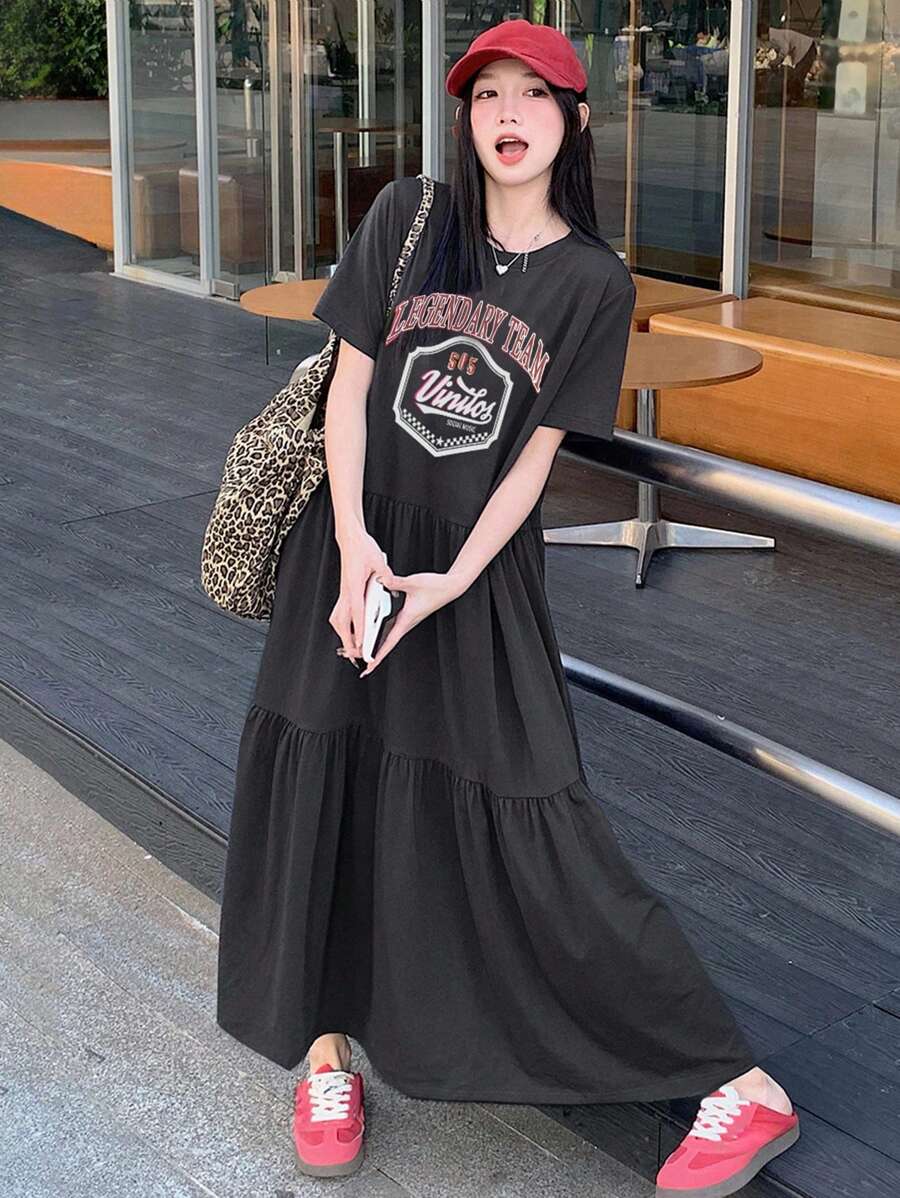 DAZY 女式花卉印花中长休闲连衣裙，春夏 - 深灰色 - 查看 1