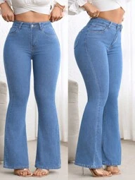 Flexra Plus Size Dark Blue Wash High Waist Slim Fit Flare Jeans