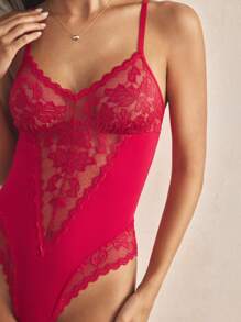 Charlaine Body sin espalda con encaje floral y transparente inalámbrico, sexy, para uso diario, color rojo - Rojo - Ver 2