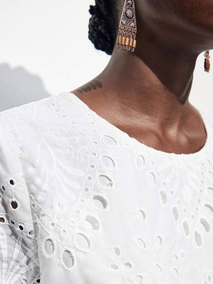 SHEIN Maija Women Casual Loose Solid Color Long Sleeve Dress, Minimalist Style For Daily Wear Eyelet Dress Women Eyelet Blouse Crochet Cover Up Dress White Beach Cover Up Women White Modern Vacation Nomadic Casual Fashion All-Match Women's Country Concert Western Style Women's Nomadic Style Bohemian High-End Elegance All-Match Country Concert Modern Holiday Fashion Design, Comfortable Beach Beach, Bohemian Style Business Casual Women's Office Wear Western Style Clothing, High-Grade Fabric, Comfortable