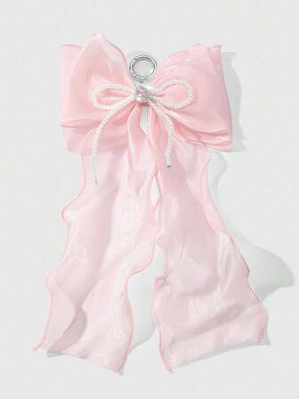 Kawaii 1 pieza Estilo coreano dulce y versátil, hecho a mano con perlas blancas, lazo de malla brillante rosa como decoración de llavero/colgante de bolso, adecuado para mujeres, niñas, regalo