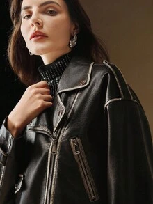 Anewsta 女式翻领领口落肩前拉链腰部按扣休闲机车夹克 - 黑色 - 查看 1