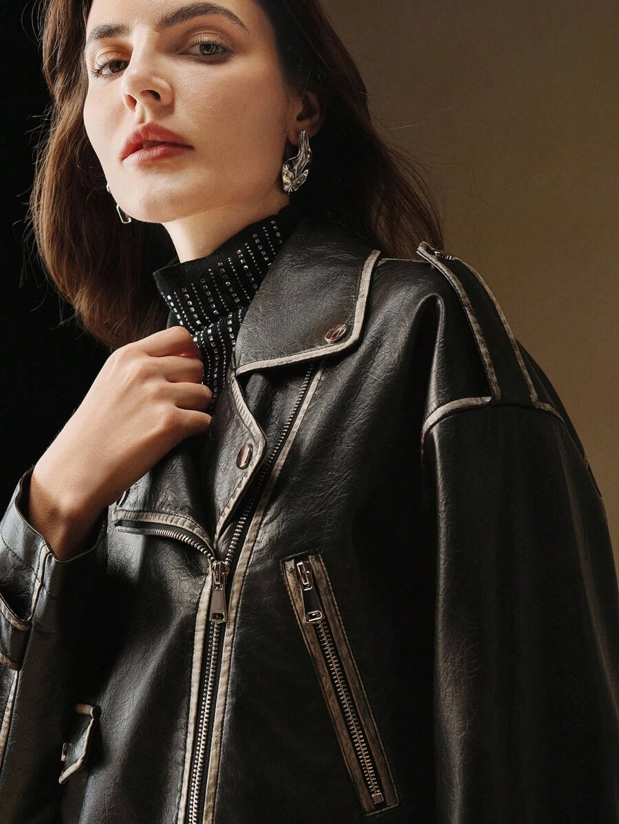 Anewsta 女式翻领领口落肩前拉链腰部按扣休闲机车夹克 - 黑色 - 查看 1