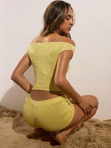 Opulessa Suéter corto elegante de mujer con hombros descubiertos, decoración floral brillante, top amarillo de verano, vacaciones de verano