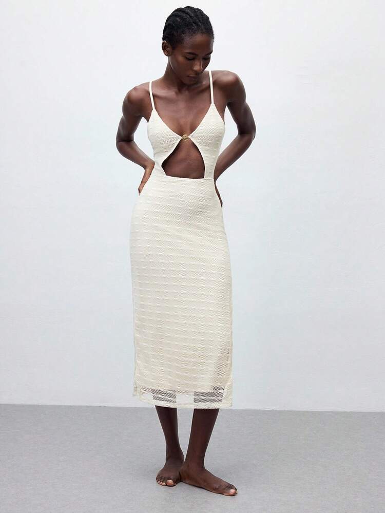 SHEIN Maija Vestido de encaje sin mangas con cuello en V, lazo y perlas, adecuado para la primavera y el verano de 2025, apto para la música del festival de Pascua, invitado de boda, brunch, aeropuerto, reunión de fiesta, vacaciones elegantes