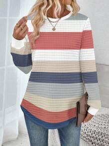 SHEIN LUNE 秋冬休闲条纹圆领格子舒适运动衫，弧形下摆，侧开衩 - 彩色 - 查看 3