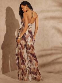 Hauture Women's Sexy Summer Vacation Full Print Layered Ruffle Trim Cross Backless Loose Wide Leg Jumpsuit