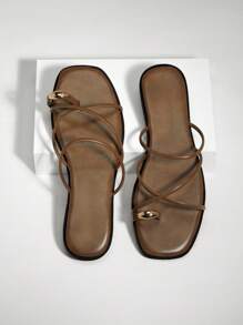 SHUZIA Strakke, hoogwaardige PU-olijfkleurige slippers met ringteen en gouden accenten voor dames – modieus en elegant van hoge kwaliteit
