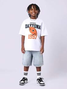 SUMWON Football Varsity Streetwear T-Shirt And Denim Shorts Co-Ord Set For Boys With Distressed Print Design And Classic Retro Summer Look - Multicolor - View 1