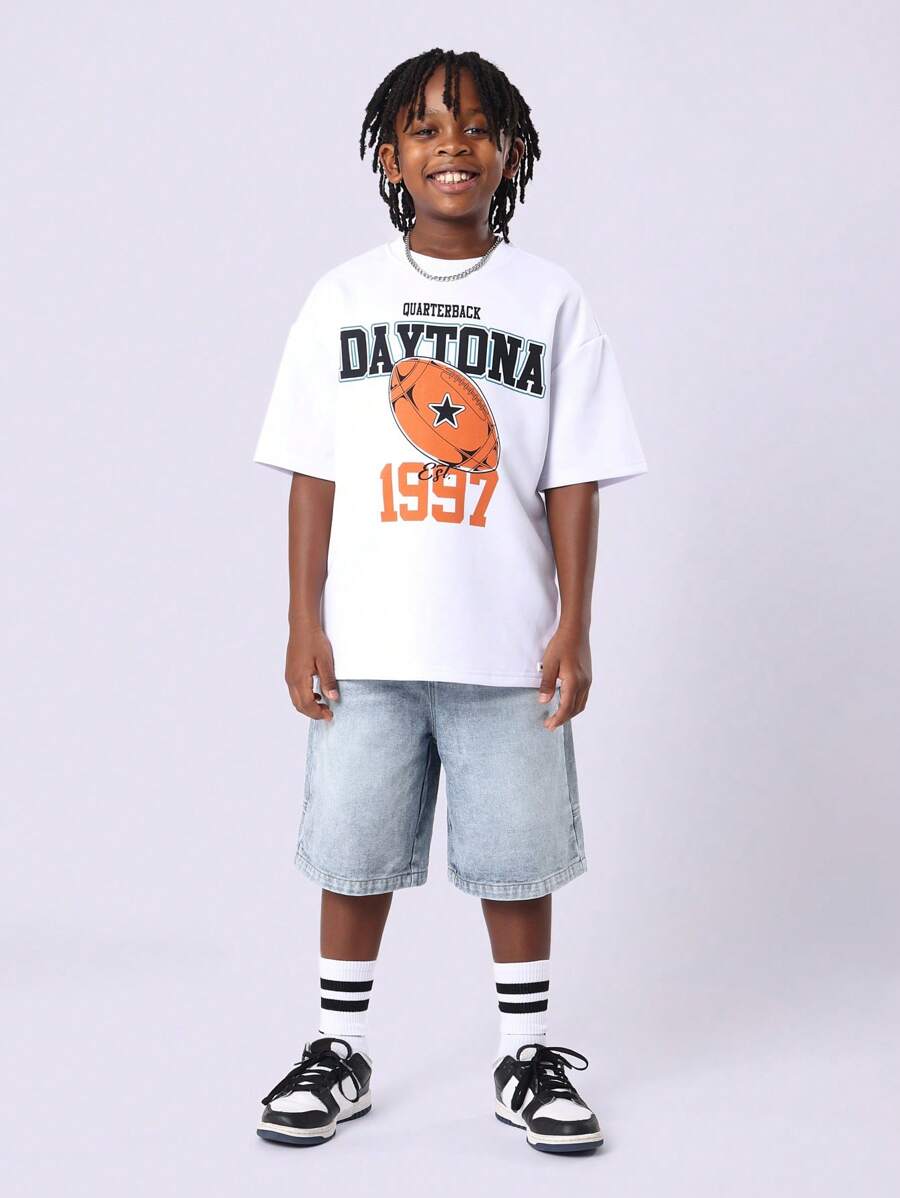 SUMWON Football Varsity Streetwear T-Shirt And Denim Shorts Co-Ord Set For Boys With Distressed Print Design And Classic Retro Summer Look - Multicolor - View 1