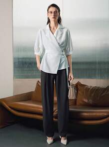 Uhlyne Women's Fashion Simple Turndown Collar Metal Detail Mid-Sleeve Casual Blouse,White Light Weight Blazer Shirt,Easy Care,Little Strech,Autumn,Minimalist,Work Wear,Teacher Outfits,Back To School,Fall ,Neutral Clothes,Business Casual,Old Money Style All White - White - View 3