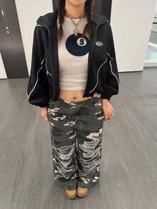 SHEIN Teen Girls Oversized Color Block Adjustable Hem Cocoon Jacket, Black, Autumn/Winter - Black - View 3