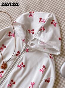 Sudadera con cremallera de ajuste holgado y cómodo con estampado de cerezas para adolescentes, para otoño e invierno - Blanco - Ver 3