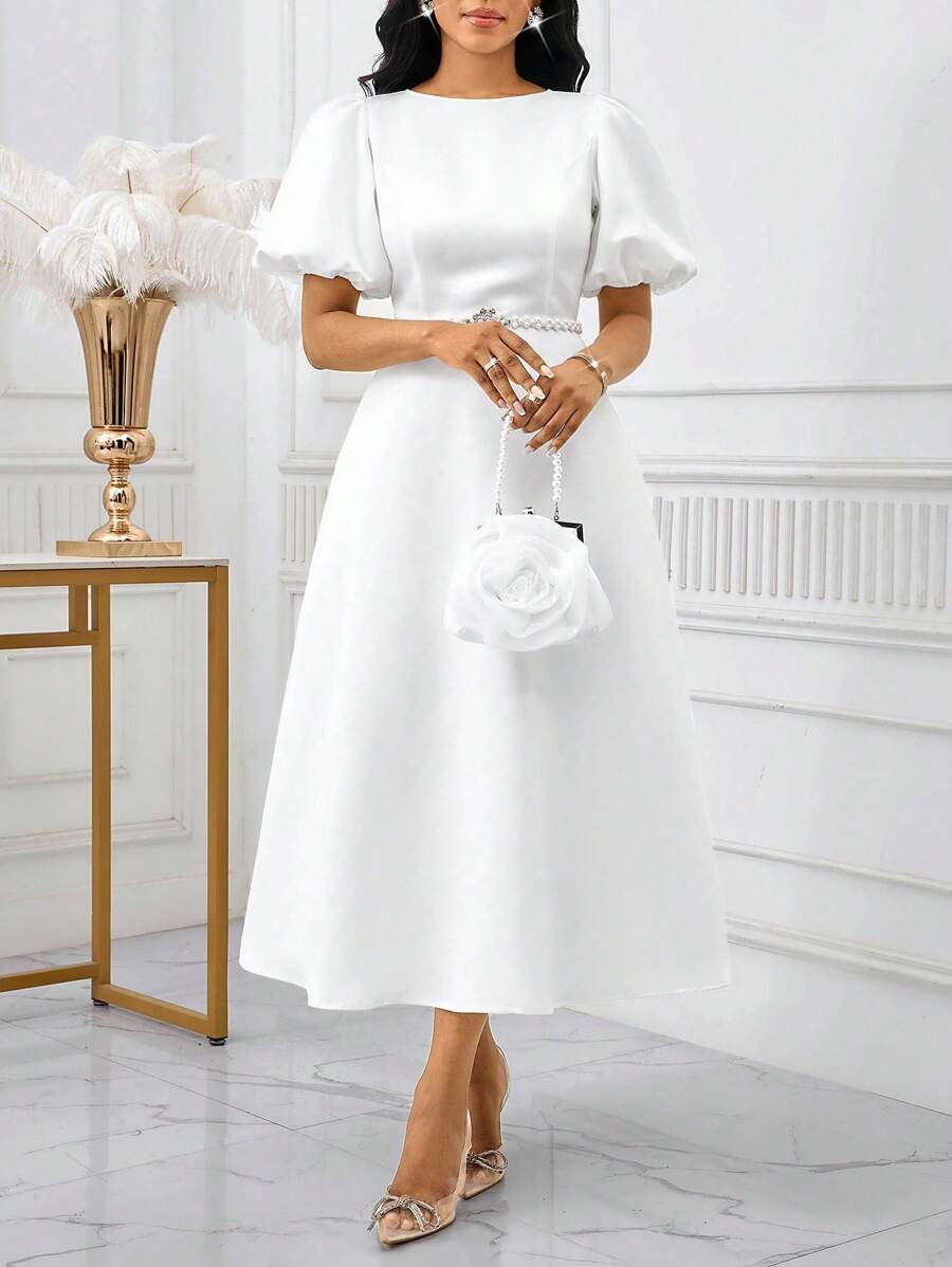 SHEIN Lady Váy tay bồng màu trơn thanh lịch cho nữ mùa xuân và mùa hè Váy dài tay chữ A thanh lịch tay giám mục màu trắng cho đám cưới ngày lễ tình nhân Váy dự tiệc cocktail cỡ lớn Váy dạ hội trang phục mùa thu Váy cho nữ Váy ngày lễ Váy trắng Váy nữ thần Hy Lạp Váy tốt nghiệp màu trắng