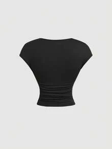 SHEIN MOD 女士黑色修身短袖褶皱圆领T恤，垂褶上衣 - 黑色 - 查看 2