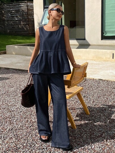 Livesso 女士荷叶边下摆圆领无袖上衣和牛仔裤休闲牛仔套装