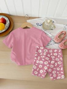 SHEIN Happikins Baby Girl Casual Minimalist Round Neck Short Sleeve T-Shirt And Fitted Shorts Set, Suitable For Spring/Summer - Multicolor - View 2