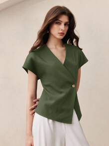 BizChic 2025 Autumn New Sage Green Metal Button V-Neck Short Sleeve Women's Blouse, Modern Elegant Urban Romantic Refined Rustic Music Festival Vintage Style, Airport Travel Wedding Guest Birthday Halloween Business Casual Office Date Party Outing Back To School Fall - Army Green - View 1