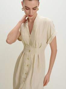 BizChic 2025年夏季新款V领优雅淑女连衣裙，适合音乐节派对、婚礼嘉宾、早午餐、休闲、通勤、约会、毕业、百搭春夏 - 米色 - 查看 3