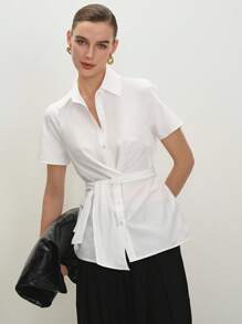 BizChic 2025 年夏季音乐节派对衬衫，适合婚礼宾客、早午餐、都市时尚通勤、日常百搭优雅休闲工作约会毕业衬衫，领带领白色衬衫，女士