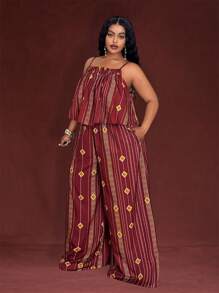 Veslaya 春夏新款度假音乐节宽松无袖荷叶边露脐上衣和长款阔腿裤，印花两件套加大码套装 - A，女士度假装 - 棕色 - 查看 1