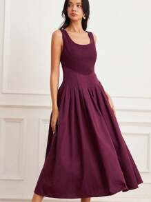 EMERY ROSE French Retro Elegant Red U-Neck Patchwork Design Gathered Waist Loose Sleeveless Dress - Burgundy - View 5