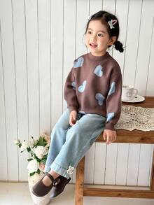 SHEIN Baby Girls' Casual Heart Pattern Drop Shoulder Sweater, Autumn/Winter - Multicolor - View 2