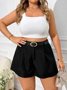 Vionelle Plus Size Women's Solid Color Loose Pleated Casual Shorts - Black - View 3