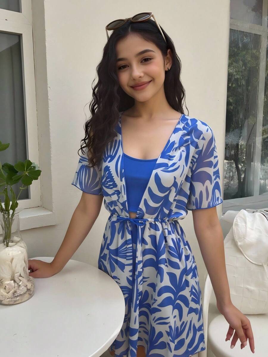 少女夏季假日海滩细肩带比基尼套装和全身印花罩衫 - 彩色 - 查看 1