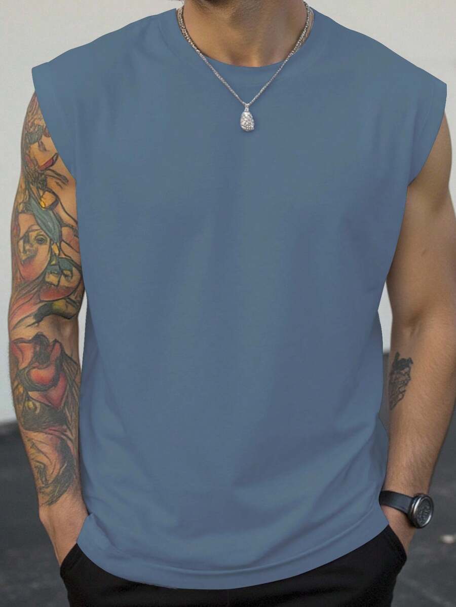Manfinity Homme Áo ba lỗ rộng rãi thời trang mùa hè đa năng màu trơn cỡ lớn cho nam - Màu xanh bụi bặm - Xem 1