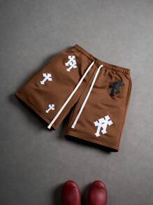 PAVTROS Men's Cross Print Drawstring Waist Pocket Casual Shorts - Coffee Brown - View 3