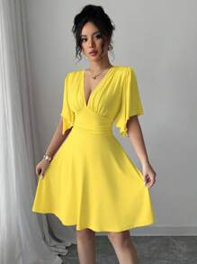 Elenzga New V-Neck Ruched Bust Ruffle Sleeves Women's Waist Cinched Elegant Mini Dress, Flattering & Chic - Yellow - View 5