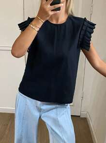 Livesso Nouvelle blouse décontractée à col rond sans manches pour femmes, idéale pour la rentrée scolaire, pour enseignante - Bleu marine - Voir 4