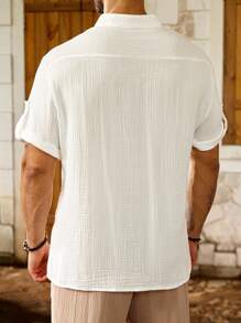 Manfinity Homme Plus Size Men's Solid Color Pocket Button Summer Casual Short Sleeve Polo Shirt - White - View 5