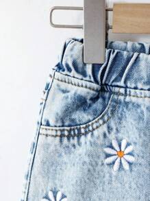 Pantaloni scurți din denim pentru fete, cu imprimeu amuzant cu spirit școlar, casual, versatili, drăguți, cu tiv decorativ uzat, albaștri