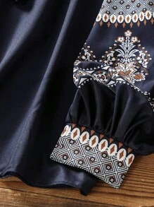 Lacomfia Casual Lantern Sleeve Placement Print Women Blouse, Spring/Summer Fall Cloth For Women - Navy Blue - View 5