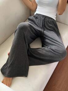 DAZY 简约舒适针织宽松睡裤，女士家居服下装，秋季 - 深灰色 - 查看 3