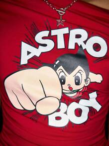 Astro Boy X ROMWE Y2K Sexy Cartoon Figure Print Ruched Asymmetrical Shoulder Tight Fit Women T-Shirt - Red - View 8