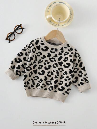 Cozy Pixies 女婴豹纹柔软针织圆领长袖套头衫，百搭家居和休闲装，秋冬
