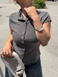Jeta Ari 女士秋季女装纯色立领上衣盖袖单排扣休闲女士上衣，扣式女士针织衬衫，羊毛毛衣上衣，冬装， - 深灰色 - 查看 4