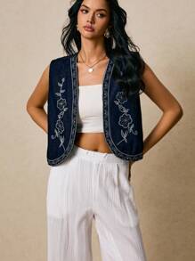 Poéselle 女式牛仔上衣无袖碎花刺绣背心深蓝色牛仔背心秋季法式休闲度假休闲外出上衣可爱上衣Y2k上衣度假女乡村音乐会 - 深色水洗藍 - 查看 9