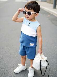 SHEIN Young BoyCasual Outdoor Color Block Sleeveless Set, Getaway, Holiday, Travel, Relax, Sunbathing, Summer - Multicolor - View 1