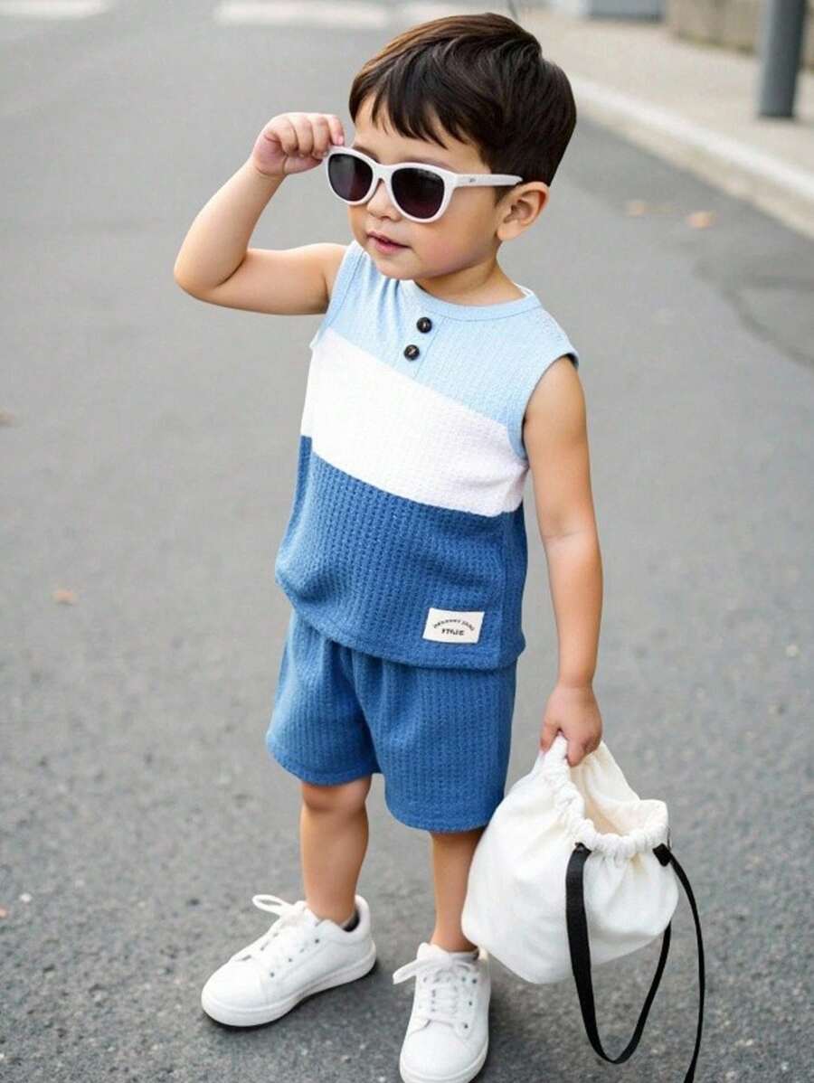 SHEIN Young BoyCasual Outdoor Color Block Sleeveless Set, Getaway, Holiday, Travel, Relax, Sunbathing, Summer - Multicolor - View 1