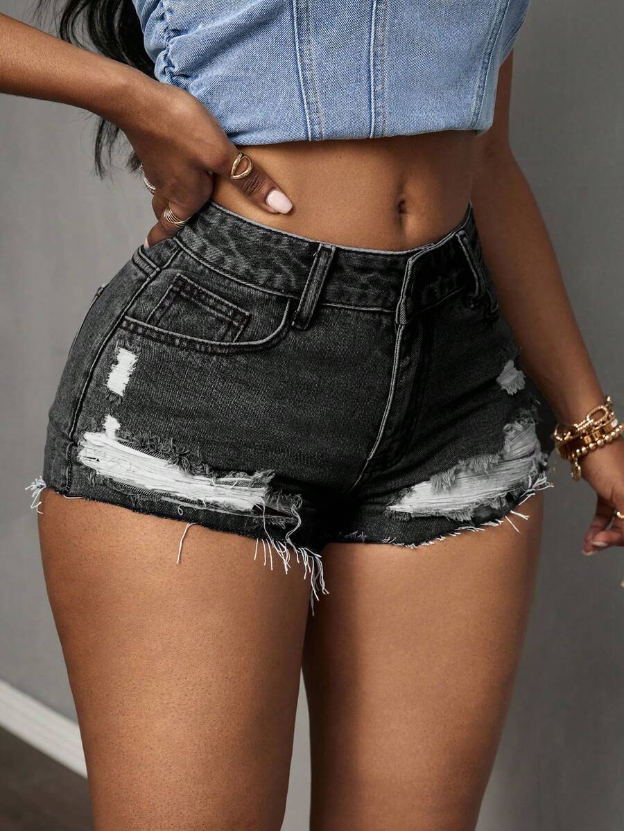 Slaydiva Women Light Grey Distressed Denim Bermuda Shorts Casual Plain Zipper Design Short - Light Grey - View 1