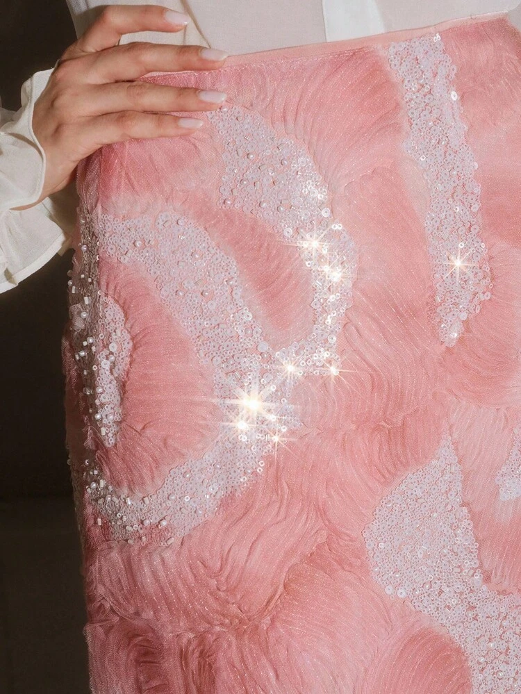 French Elegant Romantic Sequin Mesh Embroidery Abstract 3D Maxi Skirt, Niche Style