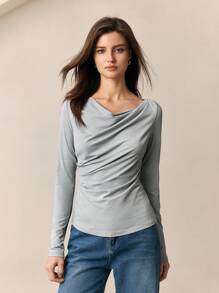 BizChic 2025夏季新款雾蓝色垂褶领长袖女式T恤，商务休闲日常通勤优雅海滩度假之选，适合婚礼宾客、乡村音乐节、早餐、机场等场合，90年代复古斯德哥尔摩风格，独立日 - 淺灰色 - 查看 4