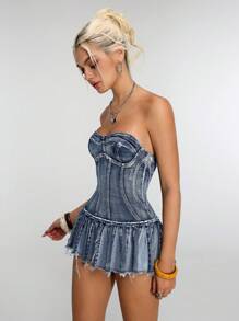 Jeanoix Women's Ruched Flounce Hem Frayed Bustier Sexy Denim Dress Y2k